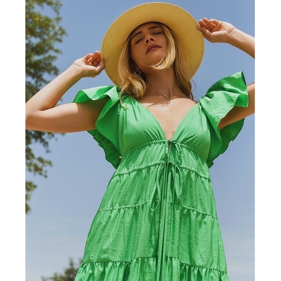 ALC Flutter Short Sleeve V-Neck Empire Waist‎ Front Tie Ruffle Tier Maxi Gown 6 - Picture 8 of 16